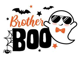 Brother Boo Halloween vector illustration with cute ghost, hearts, spider and bats. Boys Halloween design isolated.