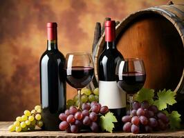un mesa coronado con botellas de vino y lentes de vino. ai generado foto