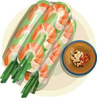 Vietnamese Spring Rolls with Pork and Shrimp. Top View Vietnamese Food Illustration Vector. vector