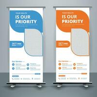 Modern healthcare and medical roll up design for hospital doctor clinic dental. standing banner template decoration for exhibition, printing, presentation, elegant layout. vector