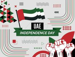 uea nacional día bandera con mapa, bandera de unido árabe emiratos colores tema antecedentes y geométrico resumen retro moderno colorido diseño con elevado manos o puños vector