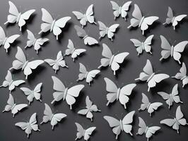 A Group Of White Butterflies On A Black Background. AI Generated photo