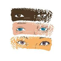 T-shirt design of three pairs of eyes of women of different races. Asian, black and European woman eyes. Femnist vector illustration.