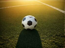 un fútbol pelota sentado en parte superior de un fútbol campo. ai generado foto