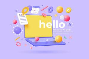 hello concept with laptop, calendar, balloons, icons, and other objects on a purple background vector