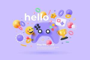 hello game controller with game icons and other objects vector