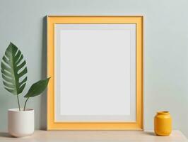 A Picture Frame Sitting On Top Of A Table Next To A Potted Plant. AI Generated photo