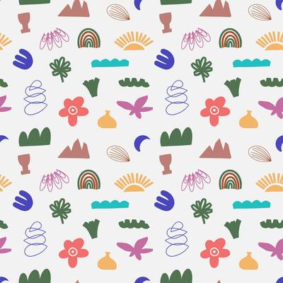 Abstract organic shapes pattern. Vector seamless background with hand drawn various shapes and doodle objects. Abstract contemporary modern style wallpaper. Trendy illustration.