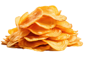 Pile of potato chips fluted close-up on a transparent background. Isolated AI Generative png