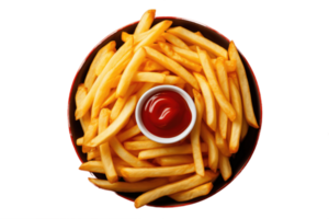 francês fritas ou batata salgadinhos com ketchup topo Visão ai generativo png