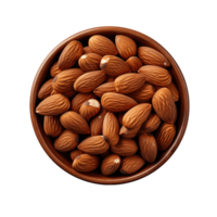 The almonds in black bowl isolated on transparent background. Top view AI Generative png