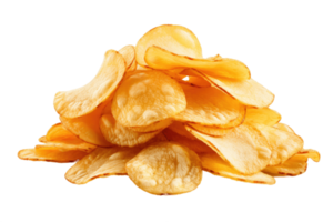 Pile of potato chips fluted close-up on a transparent background. Isolated AI Generative png