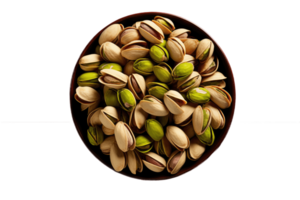 The pistachio in black bowl isolated on transparent background. Top view AI Generative. png