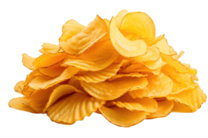 Pile of potato chips fluted close-up on a transparent background. Isolated AI Generative png