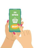 un mujer sostiene un teléfono inteligente en su manos y paga para un compra en un en línea almacenar. un mujer prensas el comprar botón en el teléfono inteligente pantalla. en línea compras vía Internet, vector ilustración
