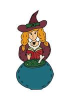 A witch in a hat holds a book of spells in her hands and brews a potion. Halloween, cartoon doodle illustration vector