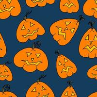 Seamless pattern doodle cartoon pumpkin lanterns with glowing eyes and mouths for Halloweenon dark bue background. Vector illustration for for packaging, textiles, wallpapers, web design