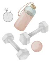 Water bottle with dumbbells and stopwatch clipart. Female Fitness exercise equipment set on white isolated background. Hand drawn watercolor pink Sports accessories. Drawing of gym workout kit vector