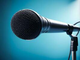 A Close Up Of A Microphone With A Blue Background. AI Generated photo