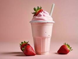 un fresa malteada con fresas en un rosado antecedentes. ai generado foto