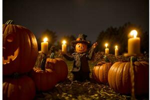 un espantapájaros rodeado por calabazas con iluminado velas ai generado foto