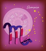 Scorpio sign, zodiac background. Beautiful and simple vector image, starry sky with scorpio zodiac constellation, encapsulated scorpio sign and constellation name. Purple design for calendar