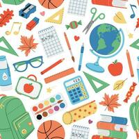 Seamless pattern with school supplies on white background. Backpack, globe, books, notebook, calculator, pen, pencil, paints, rulers, scissors etc. Stationery for study. Vector flat illustration