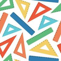 Seamless pattern with colorful rulers and triangle rulers isolated on white background. School, office, geometry supplies. Vector flat illustration
