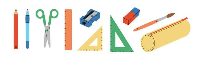 papelería conjunto con bolígrafo, lápiz, tijeras, gobernantes, sacapuntas, borrador, cepillo y lápiz caso. suministros para escuela, colega, oficina. vector plano ilustración aislado en blanco antecedentes