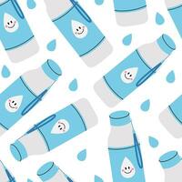 Seamless pattern with water bottle with cute drop and other drops on white background. Healthy lifestyle, water balance, drinking tracker. Vector flat illustration