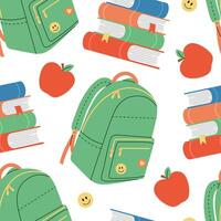 sin costura modelo con mochila, libros y manzana en blanco antecedentes. escuela, alumno, educación concepto. vector plano ilustración