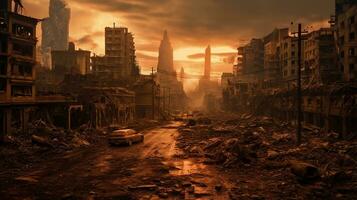 Generative AI, Destruction in the city, burned town street with no life, apocalyptic scene photo