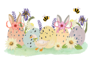 Pâques lapin griffonnage fleurs sauvages canard confortable style aquarelle clipart png