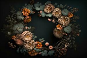 Generative AI, Close up wreath, blooming flowerbeds of amazing apricot and orange flowers on dark moody floral textured background. photo