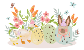 Pasqua coniglio scarabocchio Fiore di campo anatra accogliente stile acquerello clipart png