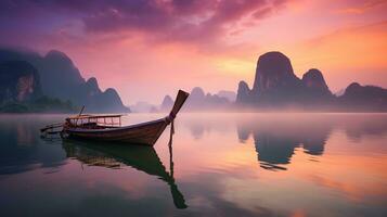 generativo ai, hermosa marina de Tailandia con bote, Oceano o mar paisaje, vacaciones en paraíso. tropical islas foto