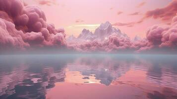 Generative AI, Pink magenta fantastic clouds, sky and landscape. Gentle colors and with bright lights photo