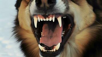 Mouth of aggressive german sheperd dog barking. Rabies infection concept. photo