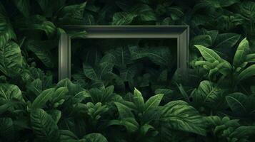 Generative AI, creative layout with green leaves and square frame, flat lay. Nature background with copy space photo