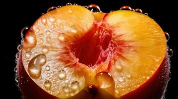 generativo ai, brillante rebanada de jugoso maduro melocotón y agua gotas, macro de verano Fruta foto