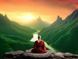budista monje en meditación en cima de la montaña a hermosa puesta de sol o amanecer foto