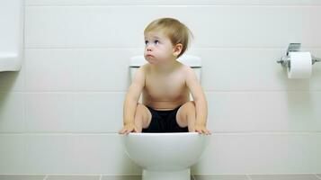 Kid sitting on toilet. Constipation or normal bowel habit concept. photo