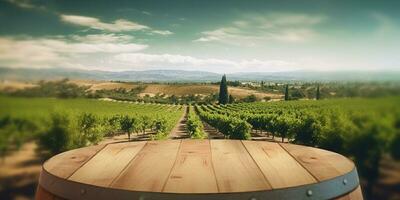 Generative AI, beautiful vineyard, green landscape. Rows of vines on sunset photo