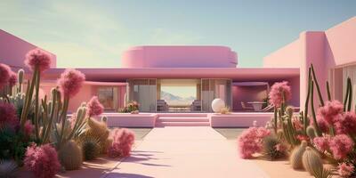 Generative AI, futuristic luxury pink house surrounded by lush greenery photo