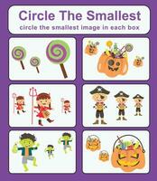 Pre math concepts. Circle the smallest object in each box. Printable activity page for kids. Educational children game. Kids activity sheet. vector