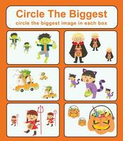 Pre math concepts. Circle the biggest object in each box. Printable activity page for kids. Educational children game. Kids activity sheet vector