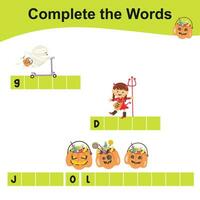 Complete the words worksheet. Write missing letters and complete words. Writing Halloween things sheet with children. Writing activity. Printable activity page for kids. vector