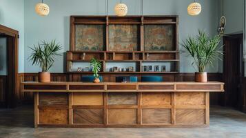 Generative AI, Front desk of boho hotel, wooden reception photo