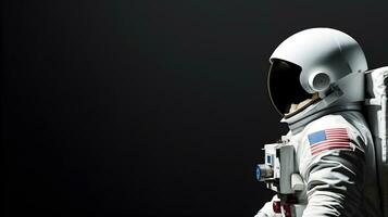 Side view of spaceman or astronaut isolated on black background photo