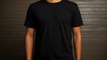 Generative AI, Realistic black T-Shirt mock up blank put on young man, front view, copyspace for presentation advertising. Blank business concept. photo